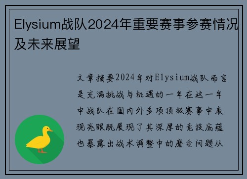 Elysium战队2024年重要赛事参赛情况及未来展望
